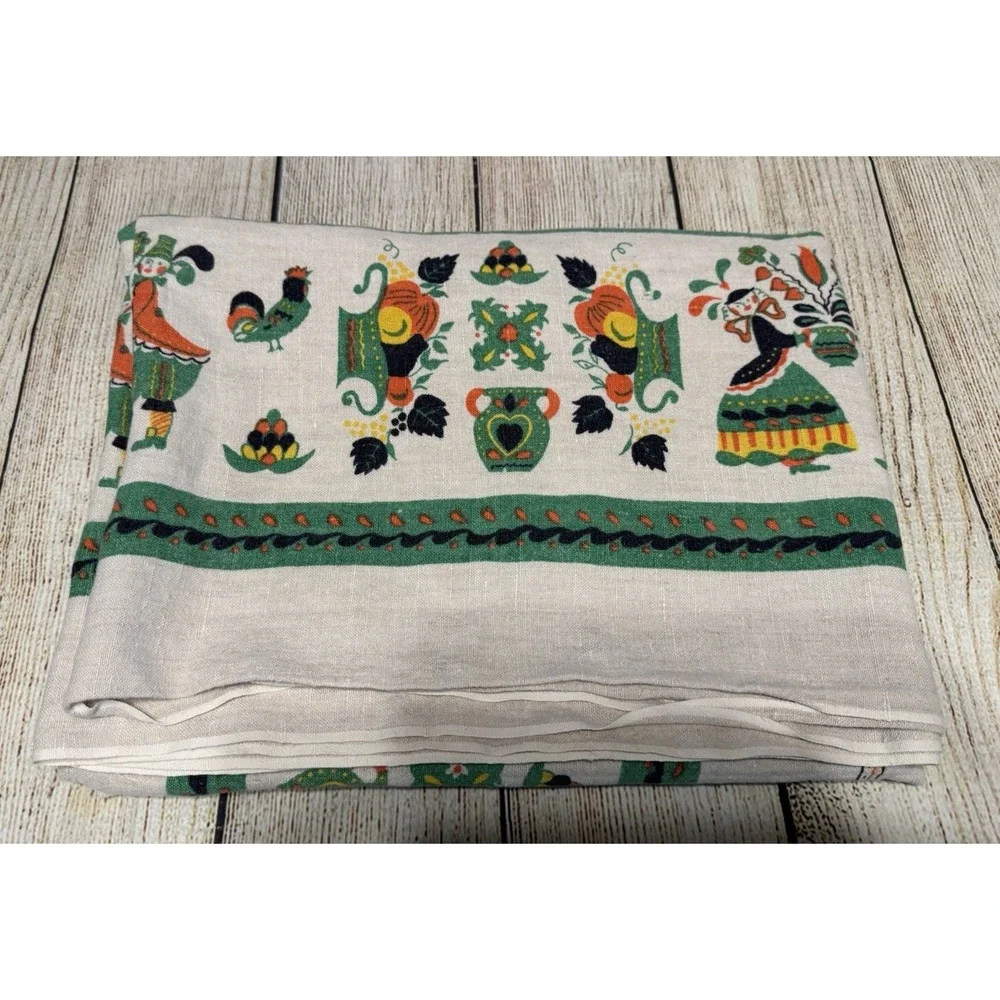 Vtg Parisian Prints Ceramics Dutch Folk Art Linen Tablecloth 48